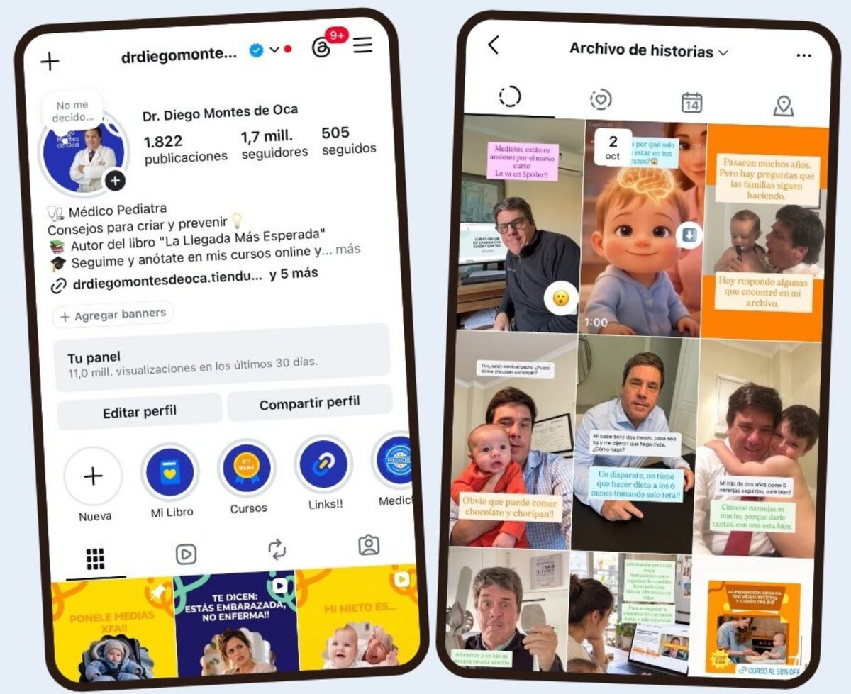 Perfil de Instagram del Dr. Diego Montes de Oca y su archivo de historias